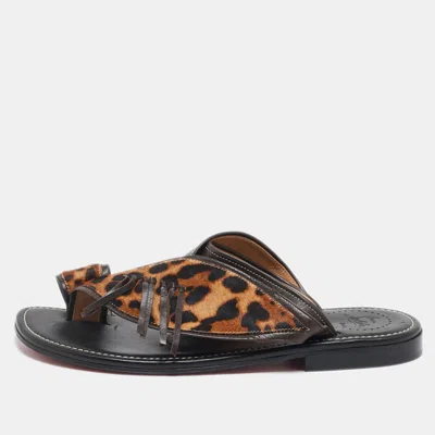 Pre-owned Christian Louboutin Brown Calf Hair And Leather Thong Flats Size 43.5