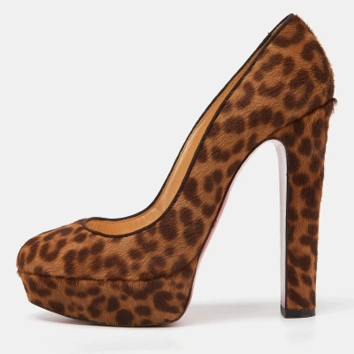 Pre-owned Christian Louboutin Brown Calf Hair Animal Print Platform Pumps Size 37.5