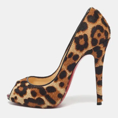 Pre-owned Christian Louboutin Brown Calf Hair Leopard Print Flo Peep Toe Pumps Size 35