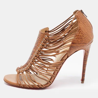 Pre-owned Christian Louboutin Brown Croc Embossed Leather Caged Karina Ankle Boots Size 36.5