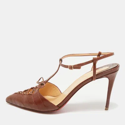 Pre-owned Christian Louboutin Brown Croc Embossed Leather Crococuty Ankle-strap Pumps Size 38.5