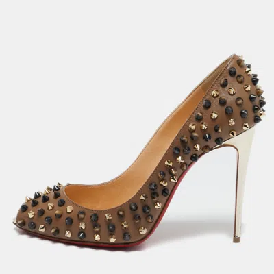 Pre-owned Christian Louboutin Brown Leather Follies Spikes Peep Toe Pumps Size 38.5