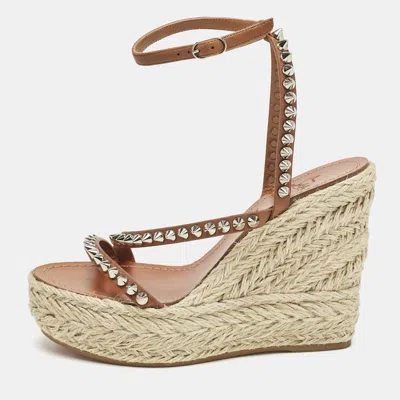 Pre-owned Christian Louboutin Brown Leather Mafaldina Espadrille Wedge Sandals Size 38