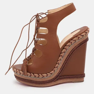 Pre-owned Christian Louboutin Brown Leather Spagana Wedge Sandals Size 38