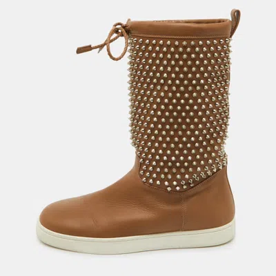 Pre-owned Christian Louboutin Brown Leather Surlapony Spiked Mid Calf Boots Size 43
