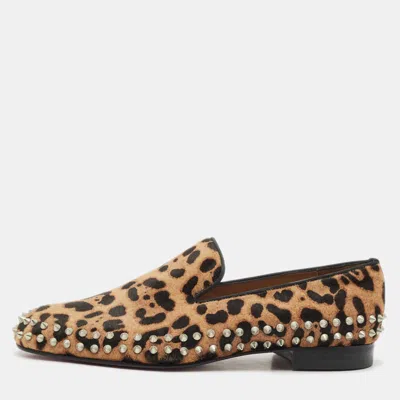 Pre-owned Christian Louboutin Brown Leopard Calfhair Spike Smoking Slippers Size 42.5