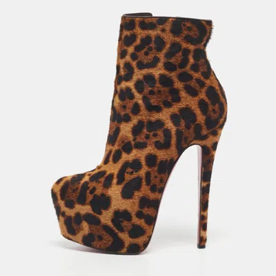 Pre-owned Christian Louboutin Brown Leopard Print Calf Hair Fifi Platform Ankle Boots Size 35.5 In Sand