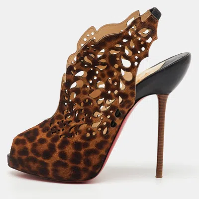 Pre-owned Christian Louboutin Brown Leopard Print Calf Hair Markesling Peep Toe Pumps Size 38