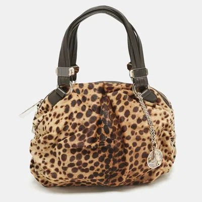Pre-owned Christian Louboutin Brown Leopard Print Calfhair And Leather Pleated Satchel