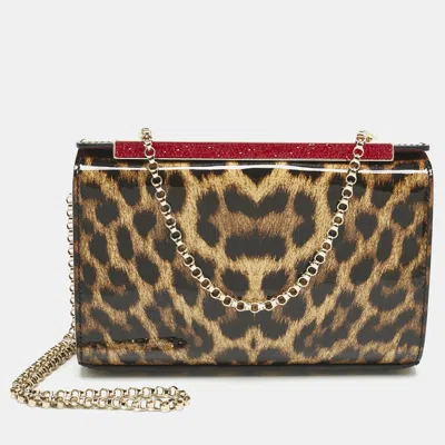 Pre-owned Christian Louboutin Brown Leopard Print Patent Leather Vanite Chain Clutch In Sand