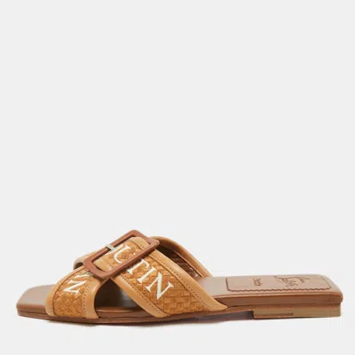 Pre-owned Christian Louboutin Brown Logo Canvas And Leather Crossimule Flat Slides Size 38