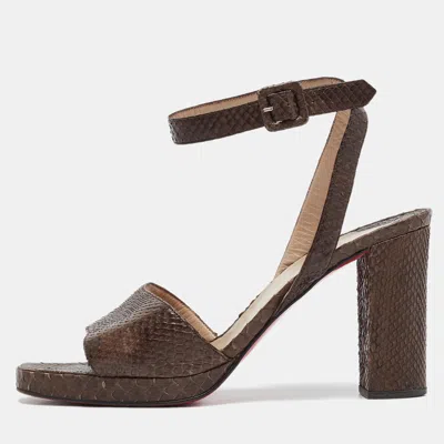 Pre-owned Christian Louboutin Brown Snakeskin Platform Ankle Strap Sandals Size 38.5