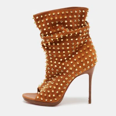 Pre-owned Christian Louboutin Brown Spiked Suede Guerilla Open Toe Slouchy Ankle Boots Size 37