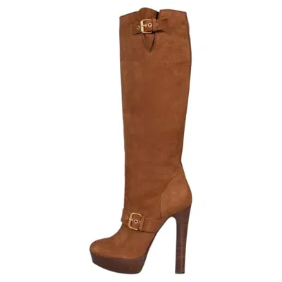 Pre-owned Christian Louboutin Brown Suede Boots With Gold Buckles Sz.39.5