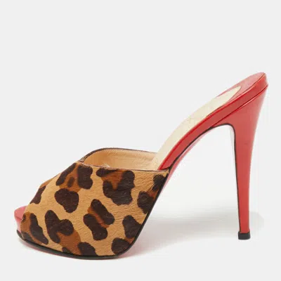 Pre-owned Christian Louboutin Brown/beige Calf Hair Slide Sandals Size 38.5