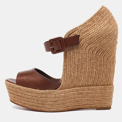 Pre-owned Christian Louboutin Brown/beige Leather And Jute Praia Wedge Espadrille Platform Ankle Strap Sandals Size 40