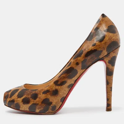 Pre-owned Christian Louboutin Brown/beige Leopard Print Leather Ron Ron Peep Toe Platform Pumps Size 37.5