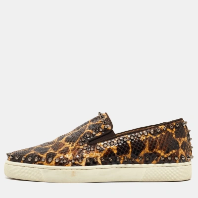 Pre-owned Christian Louboutin Brown/beige Leopard Print Python Leather Spike Slip On Trainers Size 42