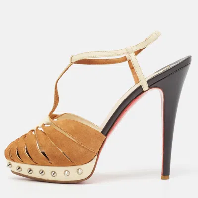 Pre-owned Christian Louboutin Brown/beige Suede And Leather Zigounette Spiked Sandals Size 38