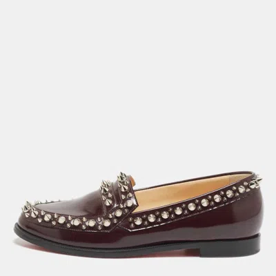 Pre-owned Christian Louboutin Burgundy Leather Spike Embellished Slip On Loafers Size 36.5