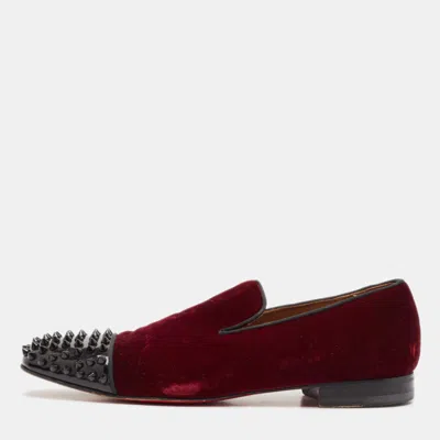 Pre-owned Christian Louboutin Burgundy Velvet And Patent Leather Spooky Spiked Smoking Slippers Size 43