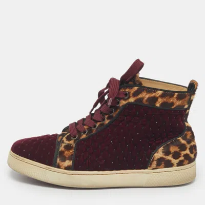Pre-owned Christian Louboutin Burgundy/brown Leopard Print Calf Hair And Velvet Louis Orlato Sneakers Size 37