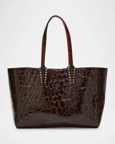 Christian Louboutin Cabata Small Tote Bag In Glossy Croc-embossed Leather In Brown