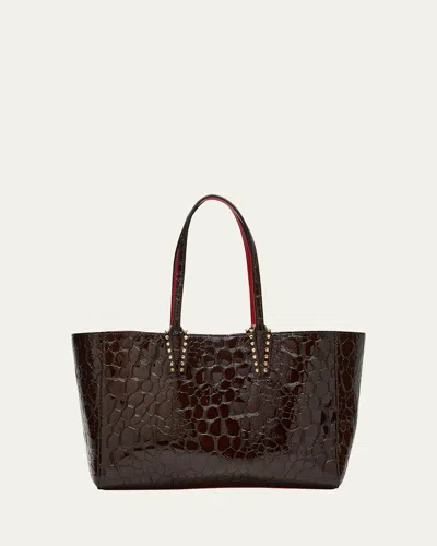 Christian Louboutin Cabata Small Tote Bag In Glossy Croc-embossed Leather In Brown