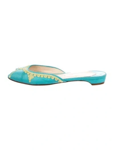 Pre-owned Christian Louboutin Canvas Embroidered Accent Slides In Blue