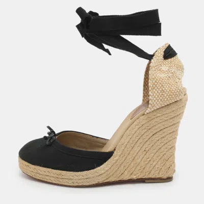 Pre-owned Christian Louboutin Carino Plato Size 38 Black Canvas Espadrille Wedge Pumps