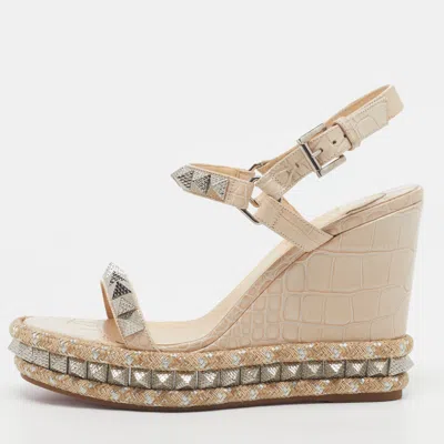 Pre-owned Christian Louboutin Cataclou Size 38 Cream Croc Embossed Leather Wedge Sandals In White
