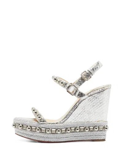 Pre-owned Christian Louboutin Cataclou Snakeskin-embossed Wedge Sandals In Silver