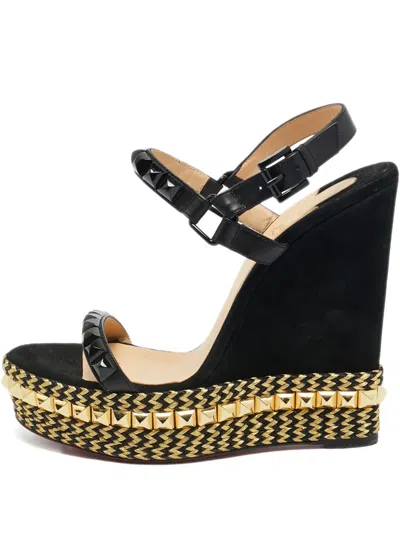 Pre-owned Christian Louboutin Cataclou Studded Wedge Sandals In Black