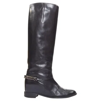Pre-owned Christian Louboutin Cate Leather Chain Concealed Wedge Riding Boots Eu37.5 In Black