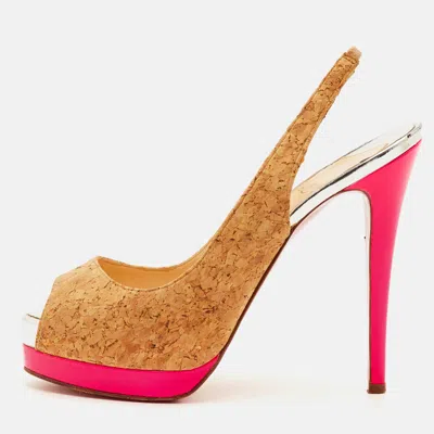 Pre-owned Christian Louboutin Catenita Size 39.5 Beige Cork Platform Slingback Sandals