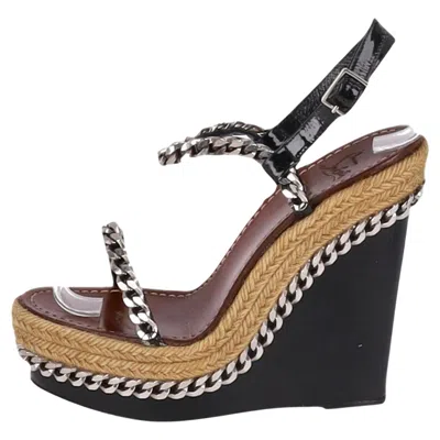 Pre-owned Christian Louboutin Chain Detail Raffia Wedge Sandals In Black
