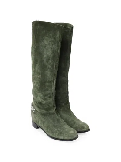 Pre-owned Christian Louboutin Chain-link Suede Boots In Green