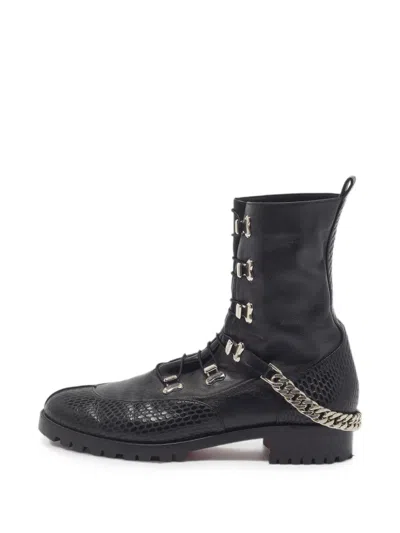 Pre-owned Christian Louboutin Chain-strap-detail Combat Boots In Black