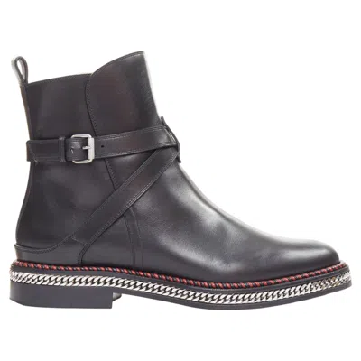 Pre-owned Christian Louboutin Chelsea Chain Flat Calf Brosse Buckle Boots Eu38 In Black