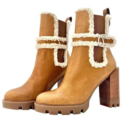 Pre-owned Christian Louboutin Chelsea Lug 100 Shearling High Heel Ankle Boots 41 In Brown