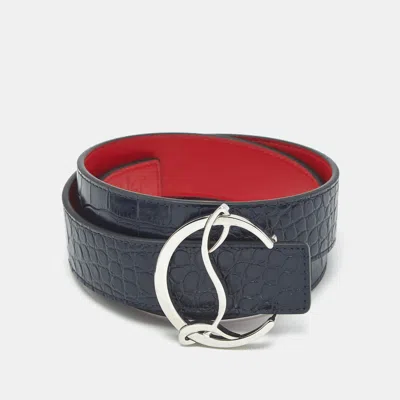 Pre-owned Christian Louboutin Cl Logo 80cm Reversible Belt Navy Blue/red Crocodile Embossed Leather