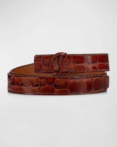 Christian Louboutin Cl Logo Belt 25mm In Alligator Embossed Leather In Brown