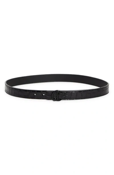 Christian Louboutin Cl Monogram Buckle Croc Embossed Leather Belt In Black/ Black