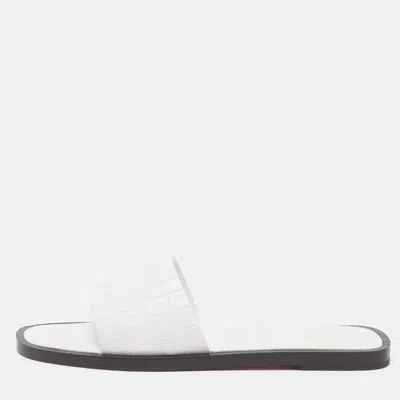 Pre-owned Christian Louboutin Cl Size 39 White Croc Embossed Leather Flat Slides
