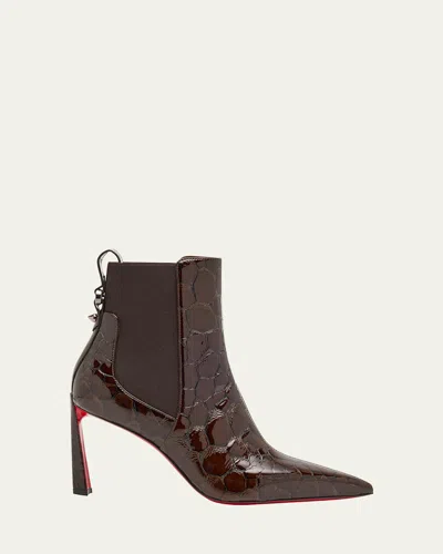 Christian Louboutin Condodo Croc-embossed Patent Leather Booties In Brown