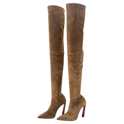 Pre-owned Christian Louboutin Condora Botta Alta 100 Rhea Brown Pointed Toe Boots 36.5