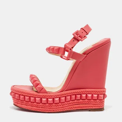 Pre-owned Christian Louboutin Coral Leather Pyraclou Wedge Sandals Size 36 In Orange