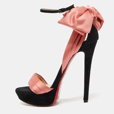 Pre-owned Christian Louboutin Coral/black Satin And Suede Bow Vampanodo Sandals Size 38.5 In Pink