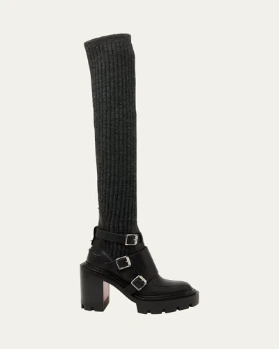 Christian Louboutin Cortinetta Alta College Red Sole Knee Boots In Black
