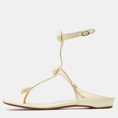 Pre-owned Christian Louboutin Cream Leather Thong Ankle Strap Flat Sandals Size 38.5